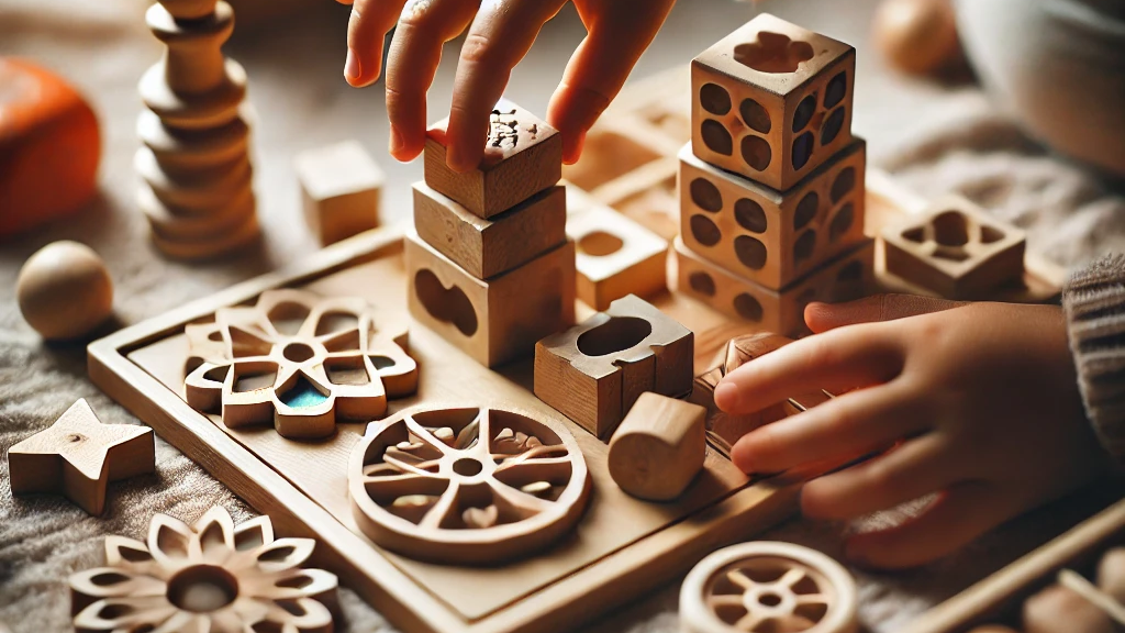 A child’s hands engaging with Montessori toys, including wooden puzzles and stacking blocks, highlighting the tactile and hands-on learning process