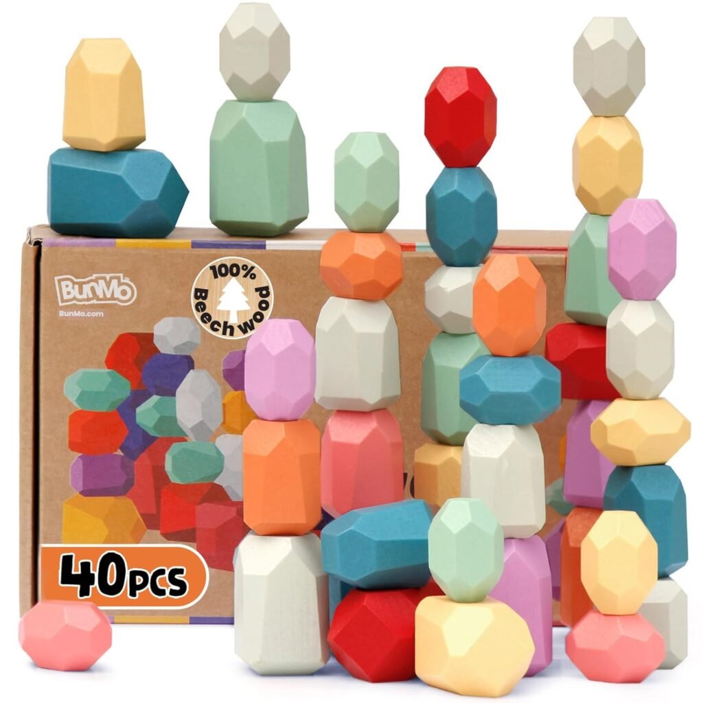 BUNMO Stacking Rocks 40pcs - Safe for Ages 1+ - Montessori Toys for 1 Year Old - Wooden Stacking Blocks for Kids 1+ - Stimulating Creative & Imaginative