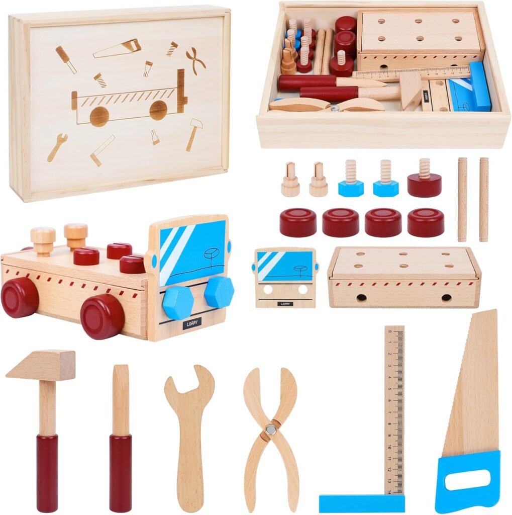 DIY Montessori Stem Kids Tool Set Toy Include Wood Saw,Wooden Hammer and Other Tools,Suitable for Boys and Girls Aged 3 4 5 6 Years Old to Play at Home or Entertaining Friends Festival Gift
