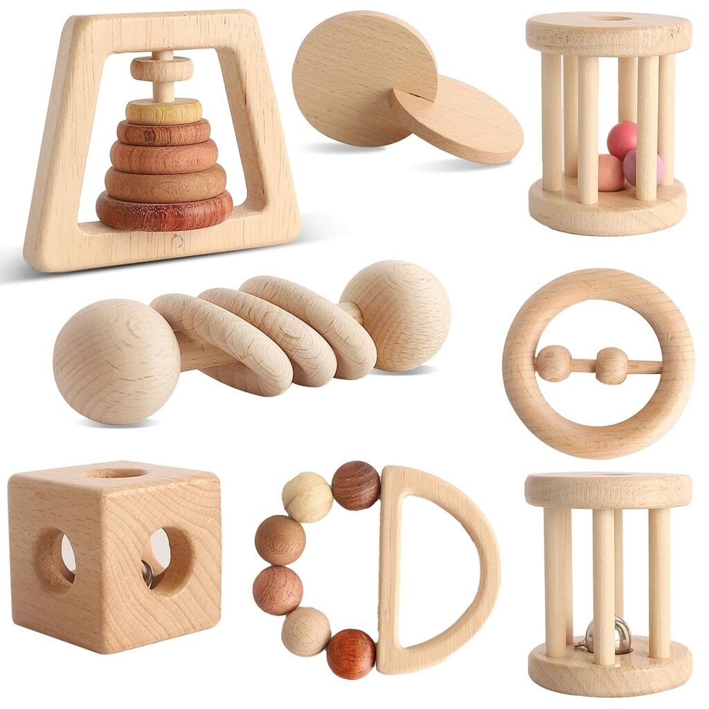 Wooden Baby Toy 8pcs, Montessori Toys for Babies 1-3 Years Old, Wooden Rattles Toy Set for Infant Grasping, Sensory Development, Gift for Baby Boys Girls...