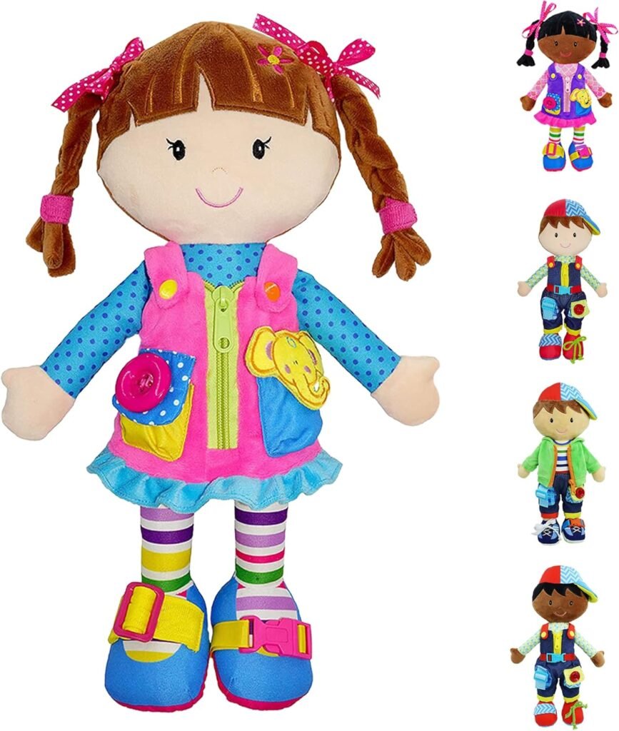 June Garden 15.5" Dressy Friends Belle - Educational Stuffed Plush Doll for Kids and Toddlers 2 Years and Up - Montessori Buckle Soft Toy