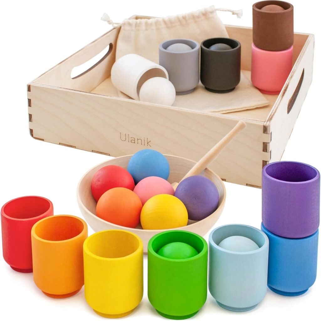 Ulanik Balls in Cups Toddler Montessori Toys for 1 Year Old + Kids Preschool Wooden Matching Games for Learning Color Sorting and Counting